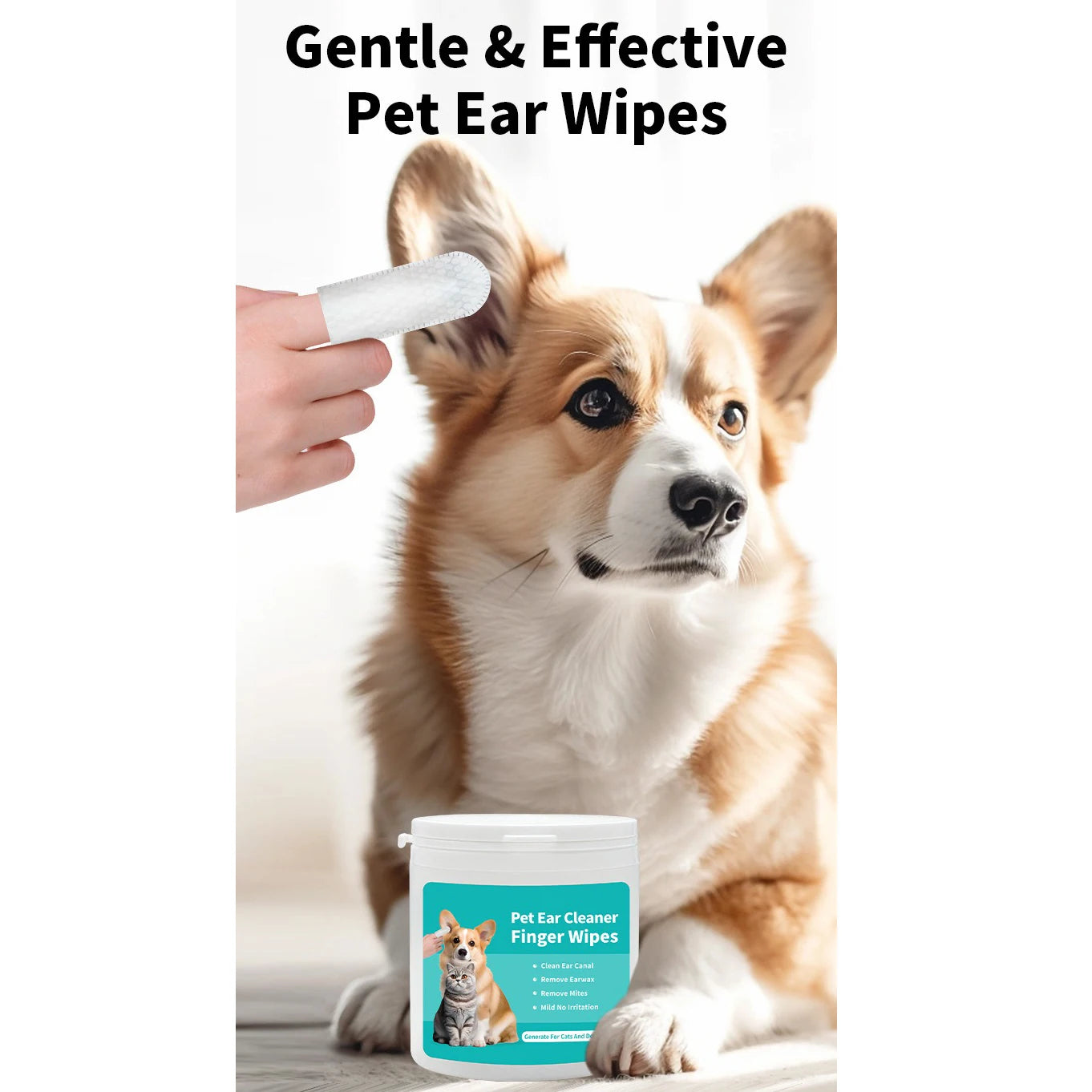 Pet ear wipes for dogs and cats — gentle ear cleaning and mite prevention.